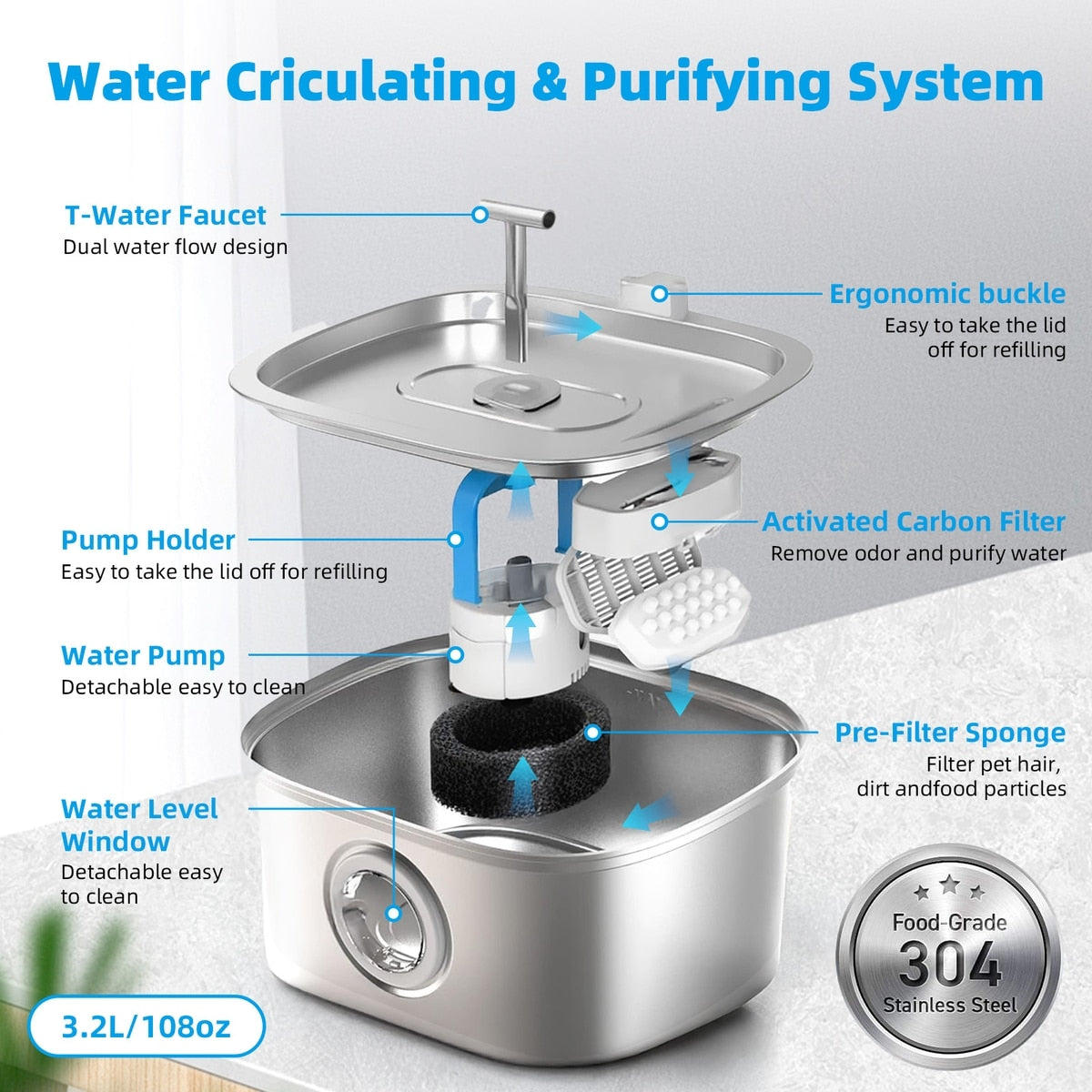 T-Faucet Stainless Steel Pet Water Fountain