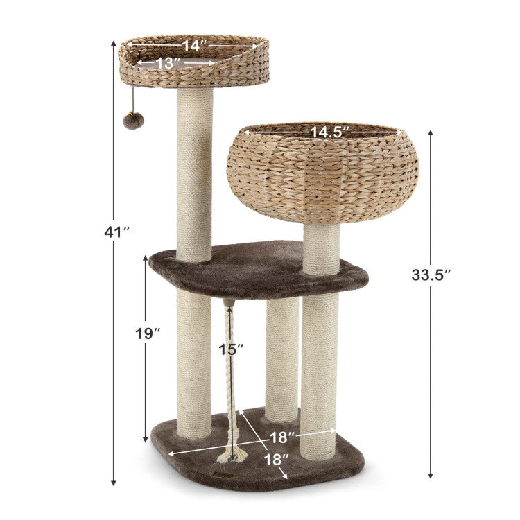 Modern Rattan Cat Tree with Cozy Napping Perch – 41"