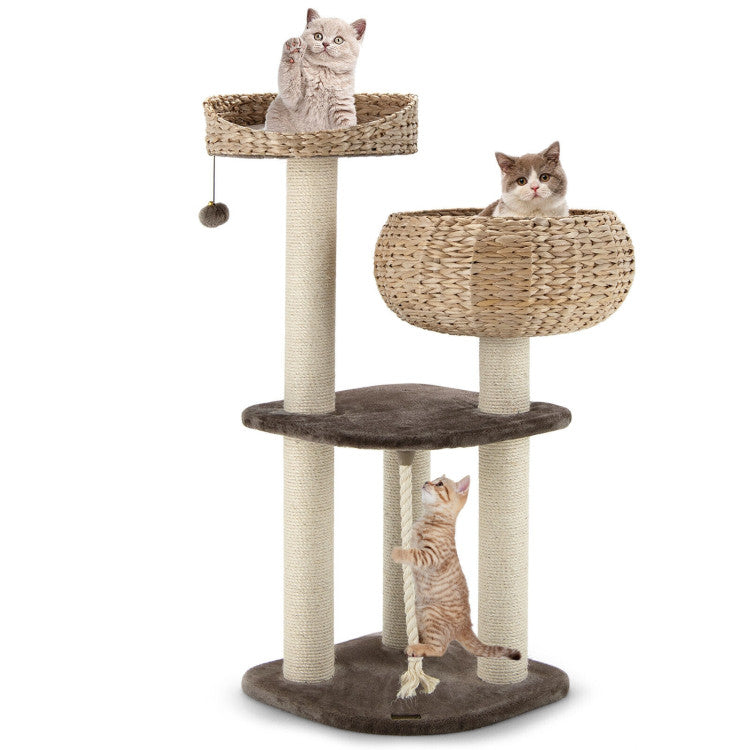 Modern Rattan Cat Tree with Cozy Napping Perch – 41"
