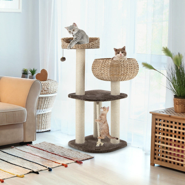 Modern Rattan Cat Tree with Cozy Napping Perch – 41"