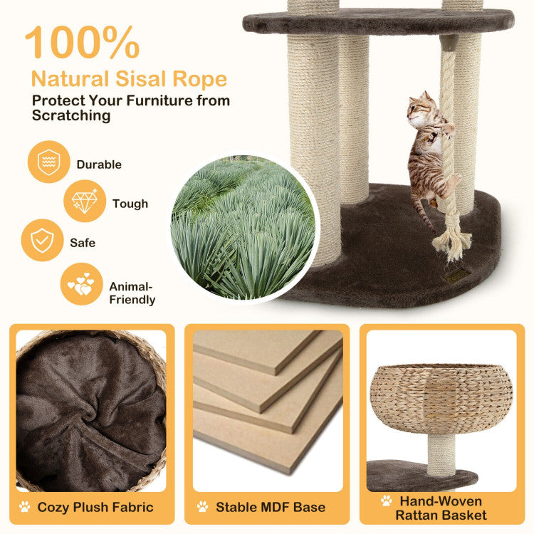 Modern Rattan Cat Tree with Cozy Napping Perch – 41"
