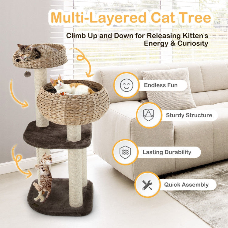 Modern Rattan Cat Tree with Cozy Napping Perch – 41"