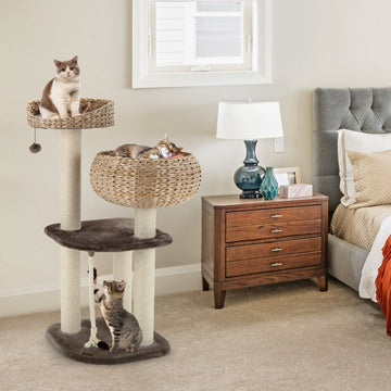 Modern Rattan Cat Tree with Cozy Napping Perch – 41"