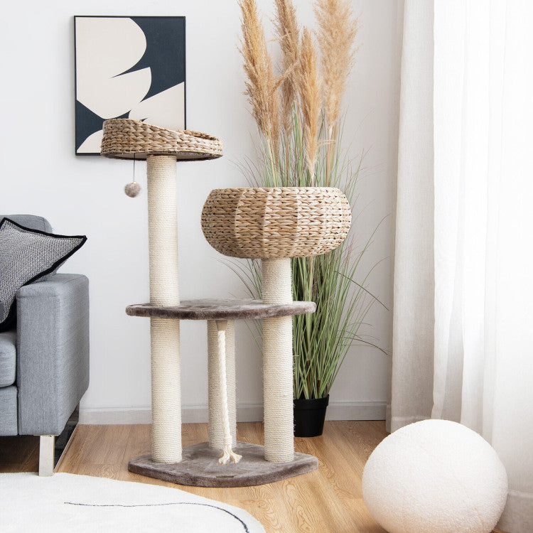 Modern Rattan Cat Tree with Cozy Napping Perch – 41"