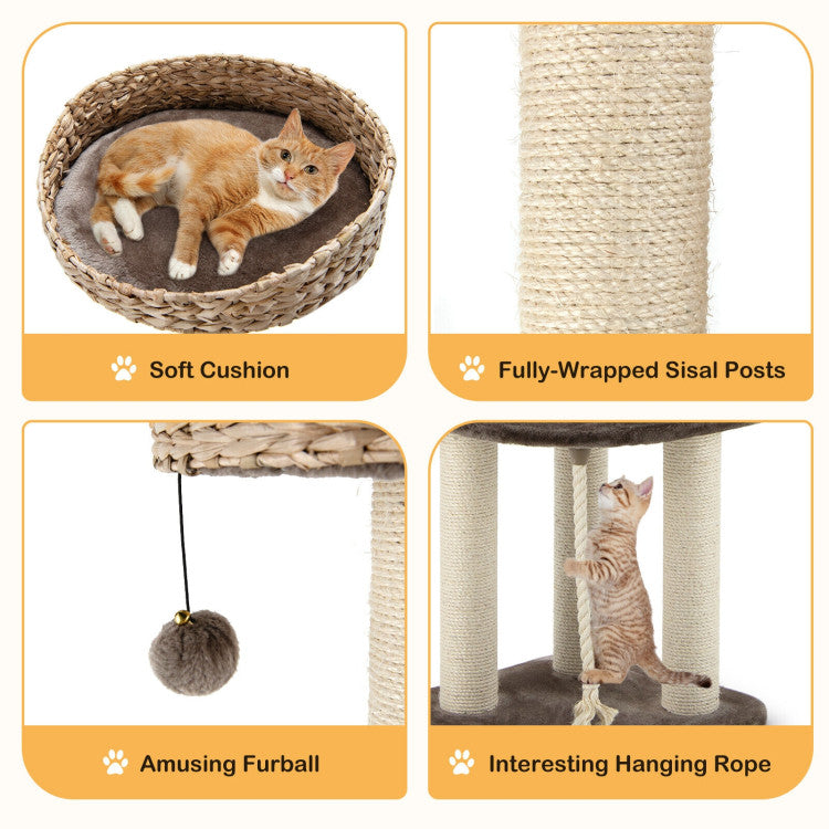 Modern Rattan Cat Tree with Cozy Napping Perch – 41"