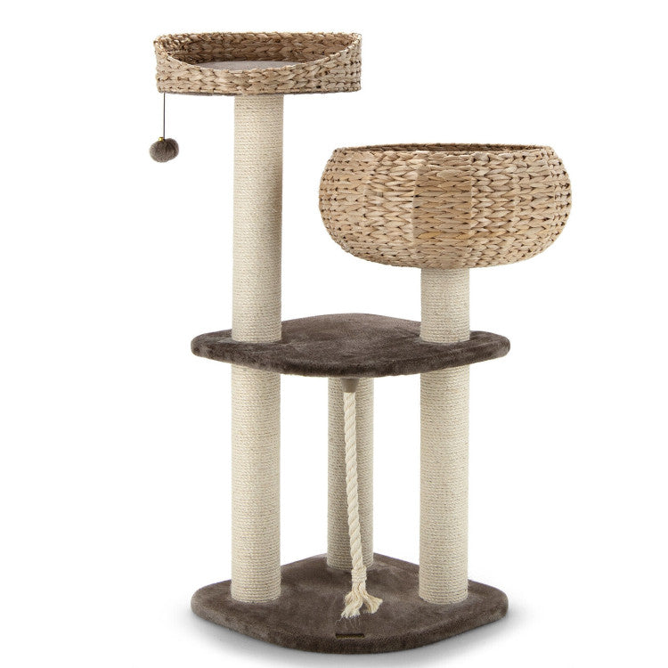Modern Rattan Cat Tree with Cozy Napping Perch – 41"
