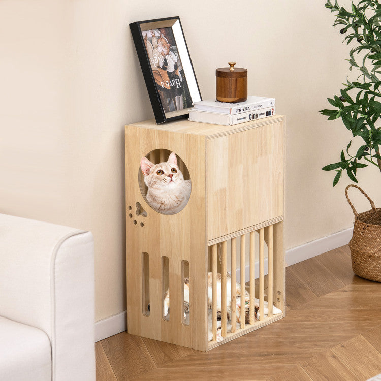 2-Tier Wooden Cat Condo with Removable Cushions