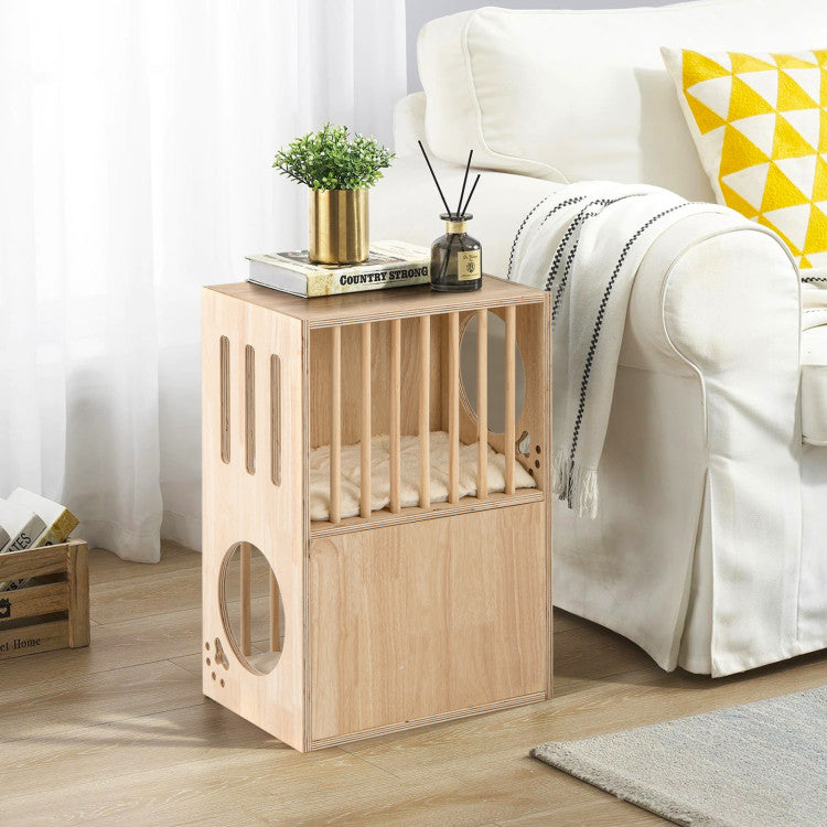 2-Tier Wooden Cat Condo with Washable Cushions