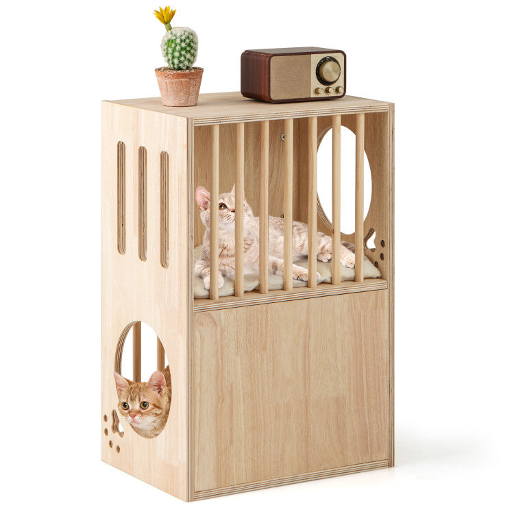 2-Tier Wooden Cat Condo with Removable Cushions