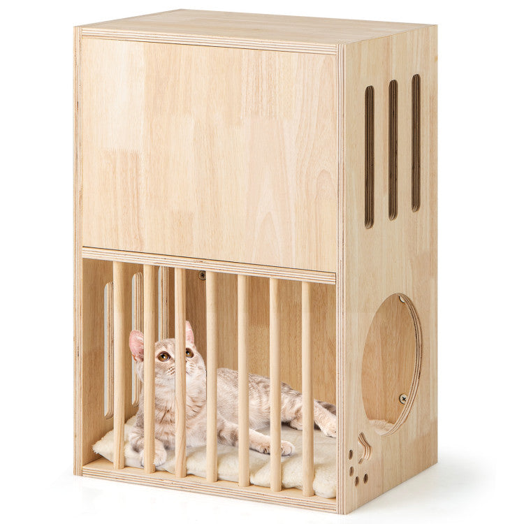 2-Tier Wooden Cat Condo with Washable Cushions