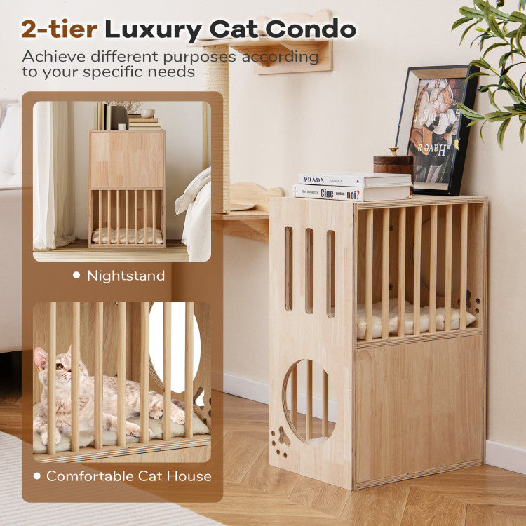 2-Tier Wooden Cat Condo with Removable Cushions