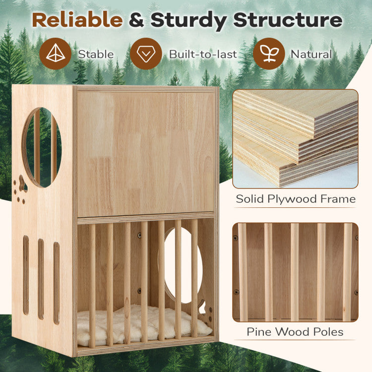2-Tier Wooden Cat Condo with Removable Cushions