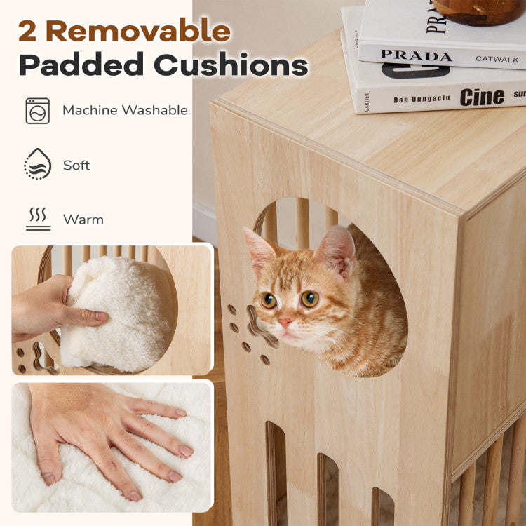 2-Tier Wooden Cat Condo with Removable Cushions