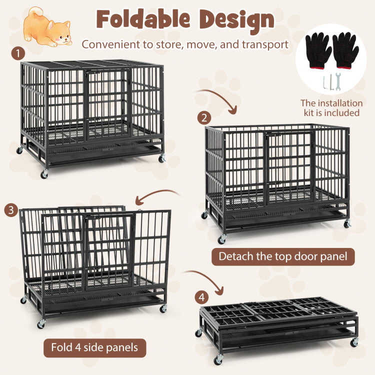 Foldable Heavy-Duty Rolling Dog Crate