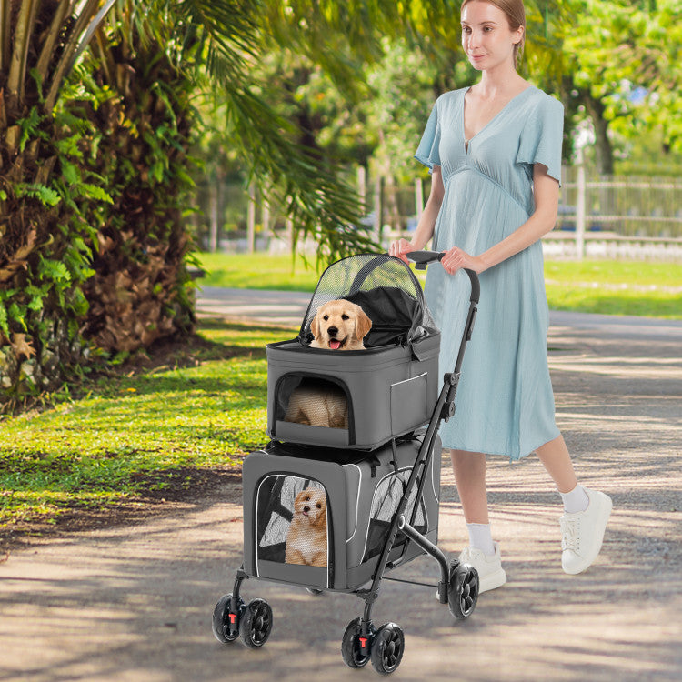 3-in-1 Double Pet Stroller with Two Detachable Carriers
