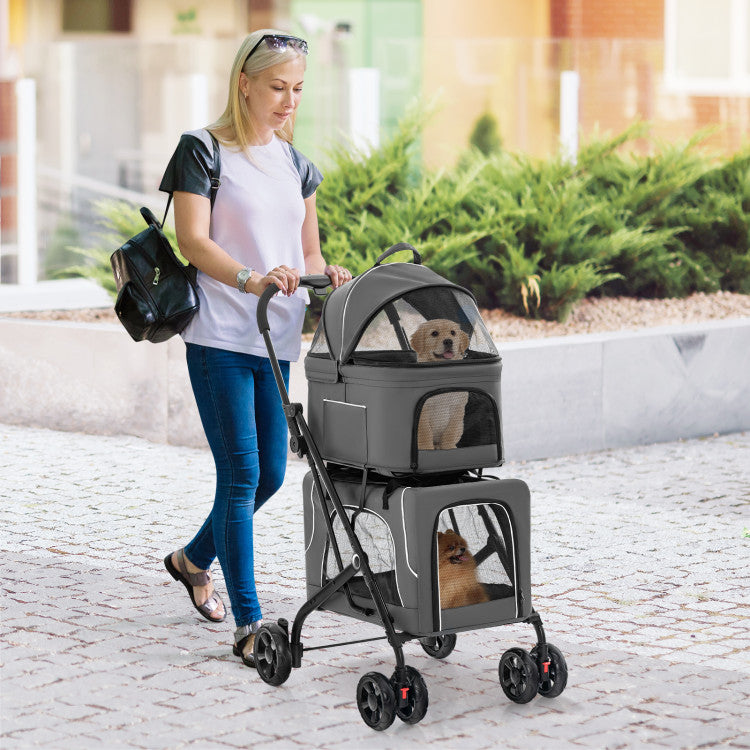 3-in-1 Double Pet Stroller with Two Detachable Carriers