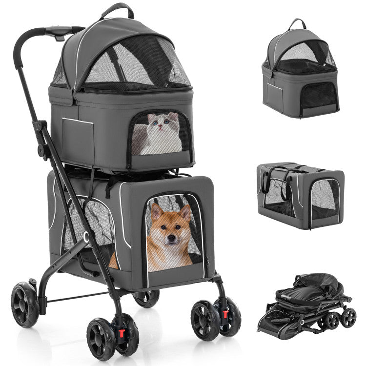 3-in-1 Double Pet Stroller with Two Detachable Carriers