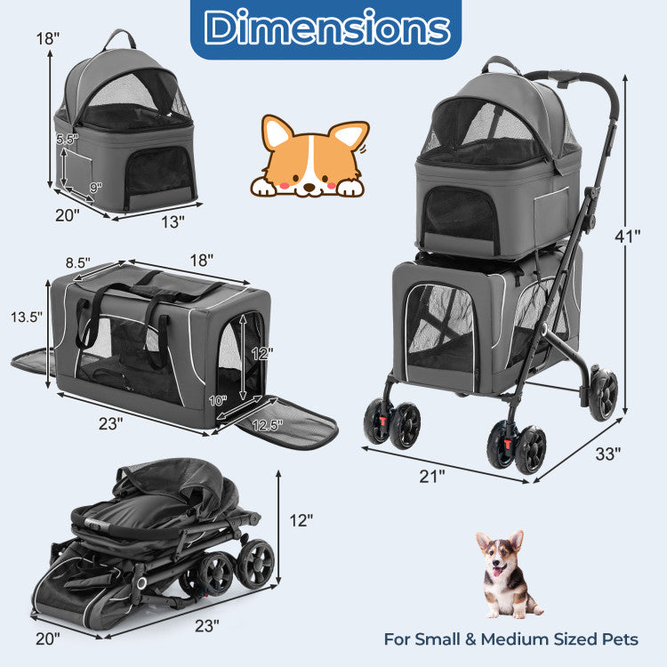 3-in-1 Double Pet Stroller with Two Detachable Carriers