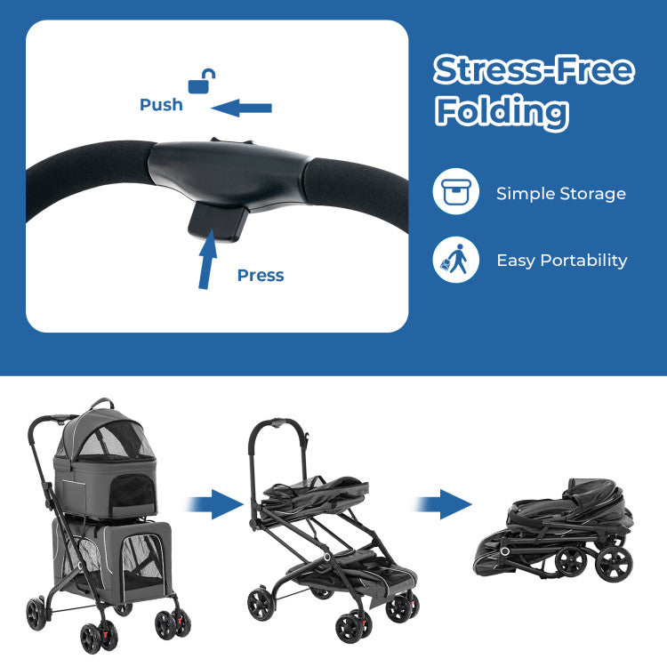 3-in-1 Double Pet Stroller with Two Detachable Carriers