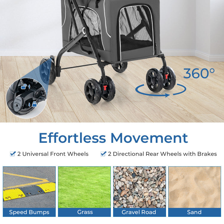 3-in-1 Double Pet Stroller with Two Detachable Carriers