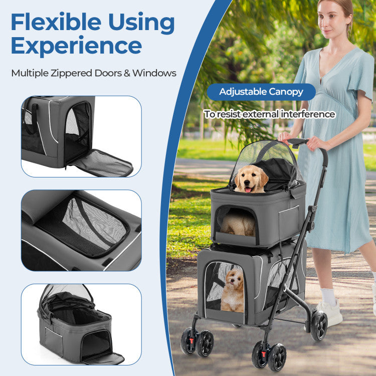 3-in-1 Double Pet Stroller with Two Detachable Carriers