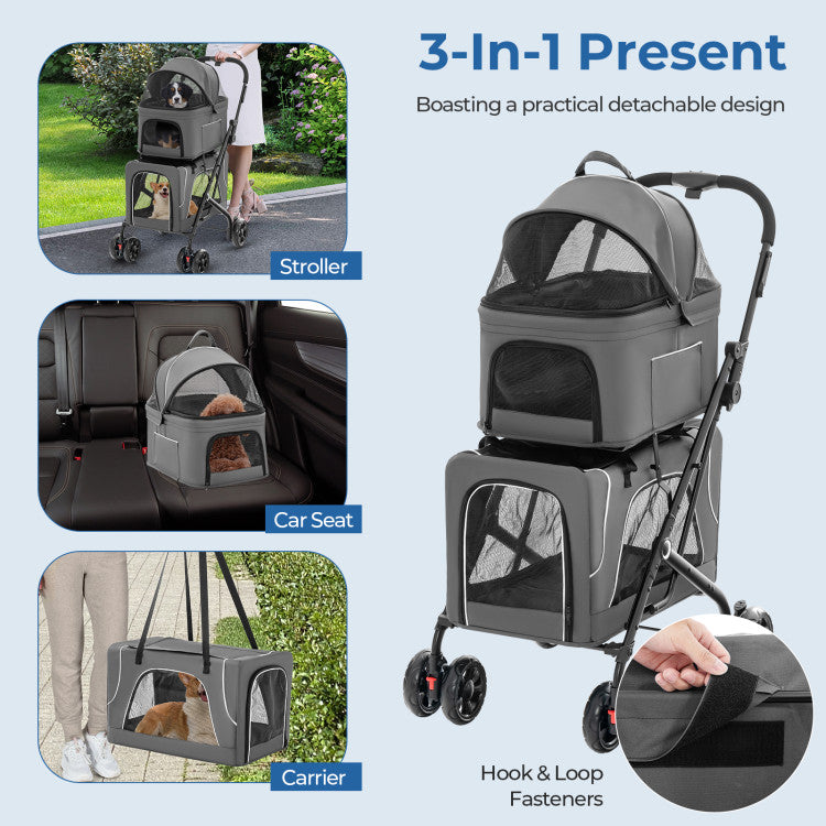 3-in-1 Double Pet Stroller with Two Detachable Carriers