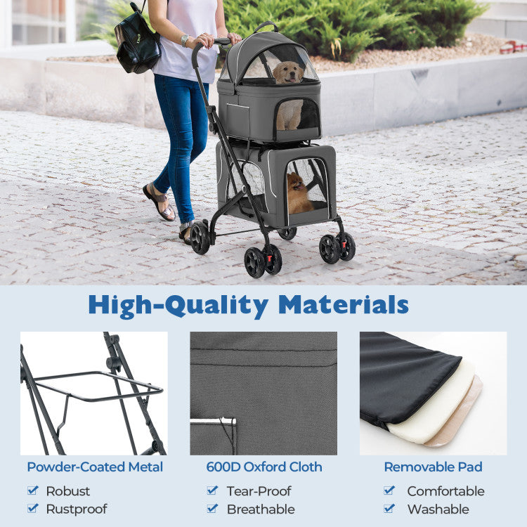 3-in-1 Double Pet Stroller with Two Detachable Carriers