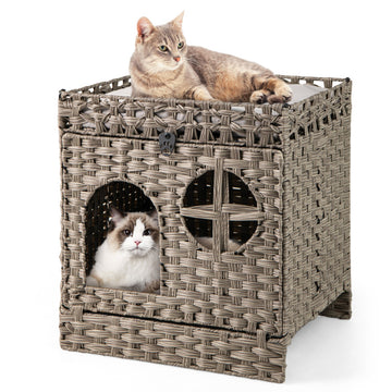 Foldable 2-Tier Rattan Hidden Cat Litter Box Enclosure