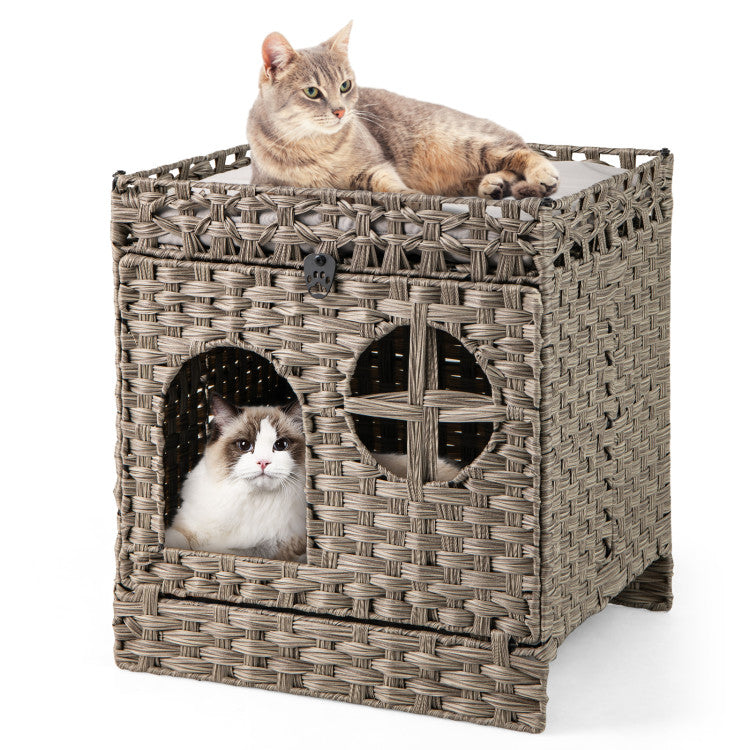Foldable 2-Tier Rattan Hidden Cat Litter Box Enclosure