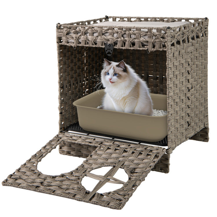 Foldable 2-Tier Rattan Hidden Cat Litter Box Enclosure