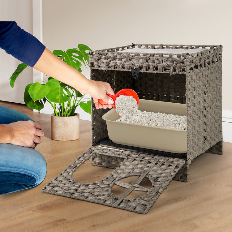 Foldable 2-Tier Rattan Hidden Cat Litter Box Enclosure