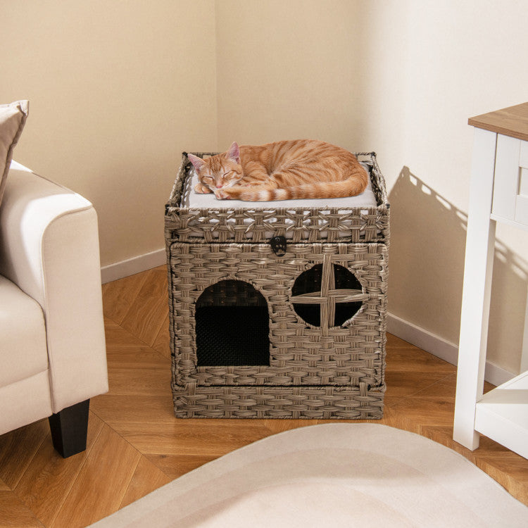 Foldable 2-Tier Rattan Hidden Cat Litter Box Enclosure