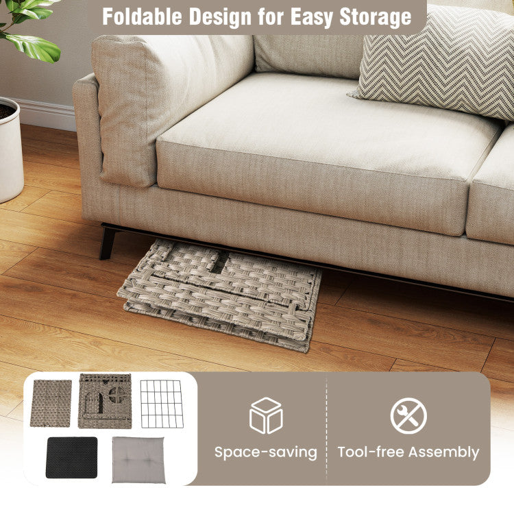 Foldable 2-Tier Rattan Hidden Cat Litter Box Enclosure