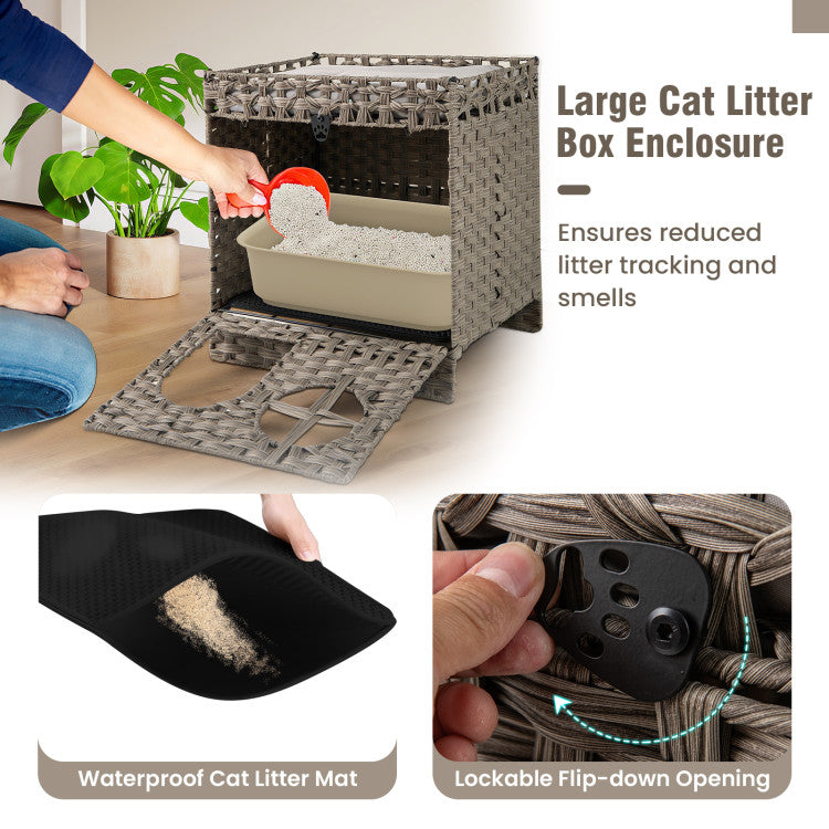 Foldable 2-Tier Rattan Hidden Cat Litter Box Enclosure