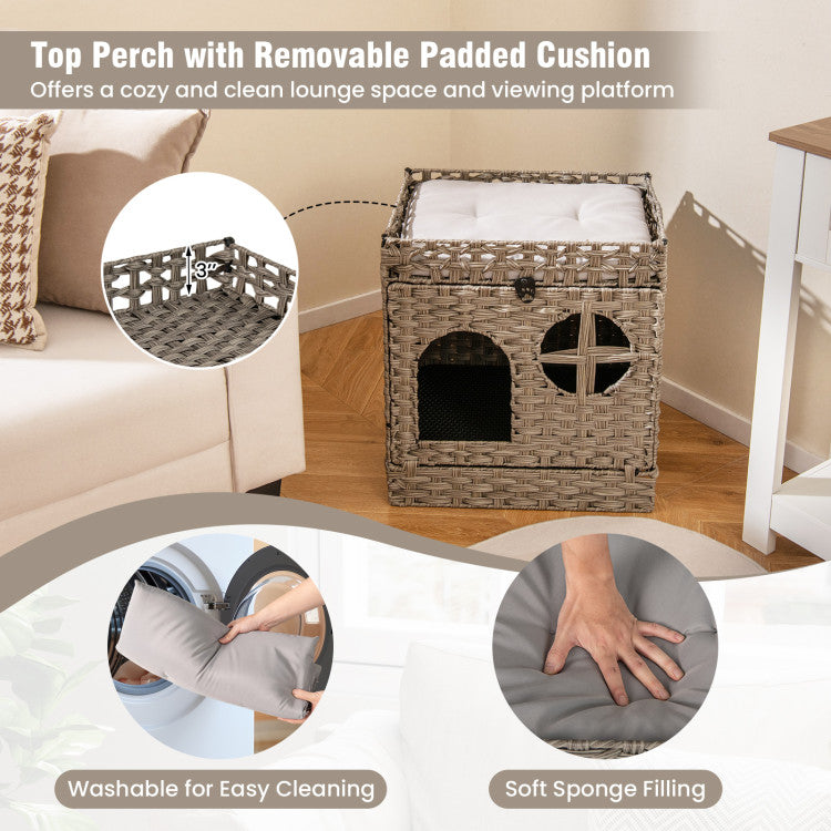 Foldable 2-Tier Rattan Hidden Cat Litter Box Enclosure