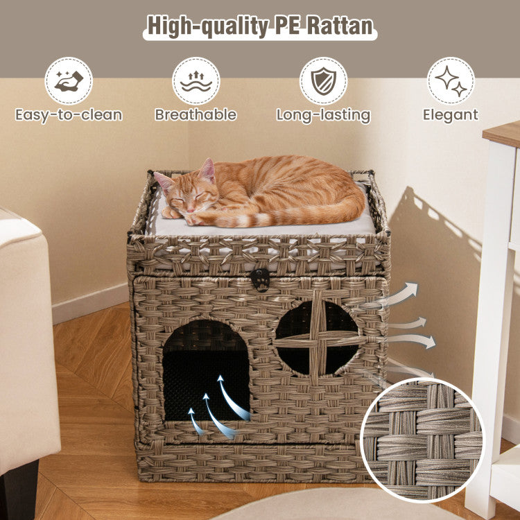 Foldable 2-Tier Rattan Hidden Cat Litter Box Enclosure