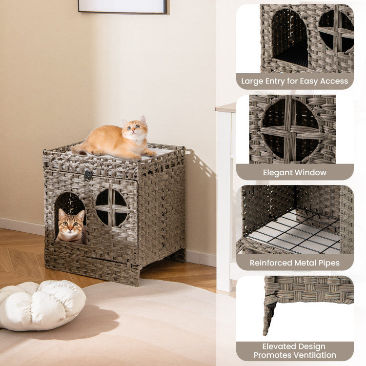 Foldable 2-Tier Rattan Hidden Cat Litter Box Enclosure
