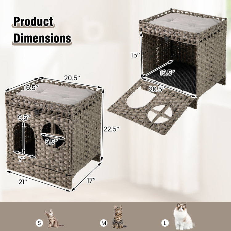 Foldable 2-Tier Rattan Hidden Cat Litter Box Enclosure