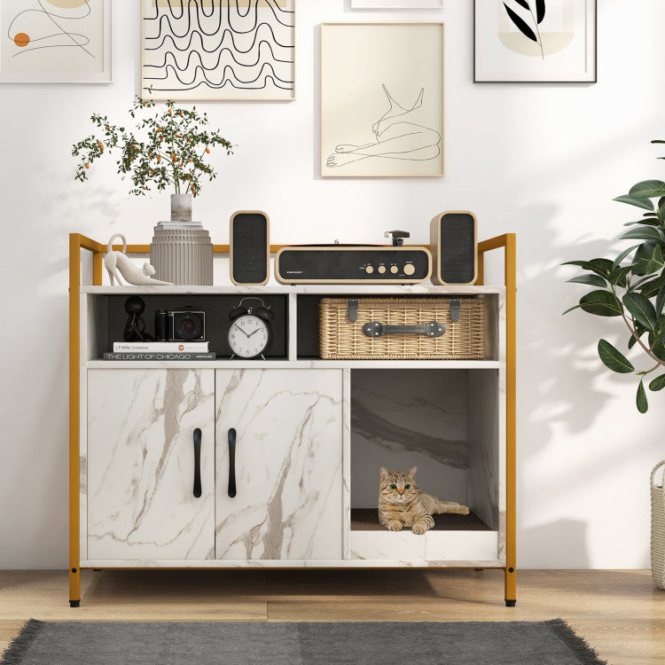 Hidden Cat Litter Box Cabinet with Storage & Scratching Board