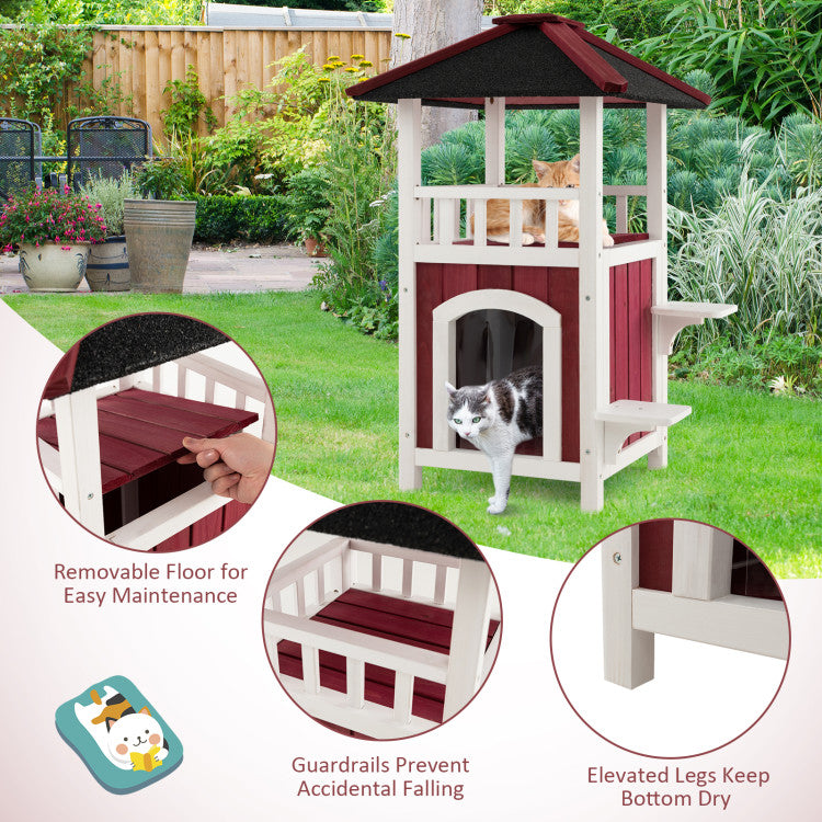 2-Story Weatherproof Wooden Cat House