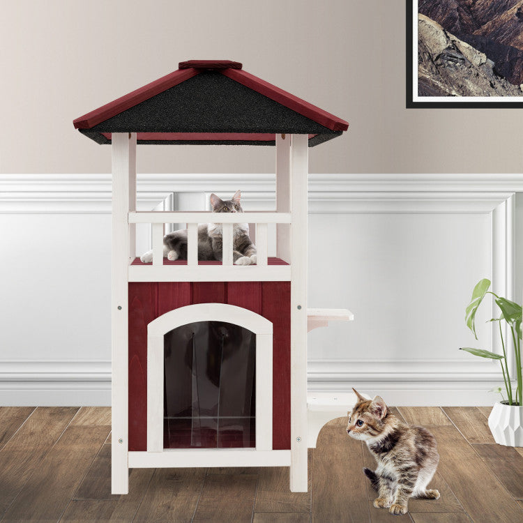 2-Story Weatherproof Wooden Cat House