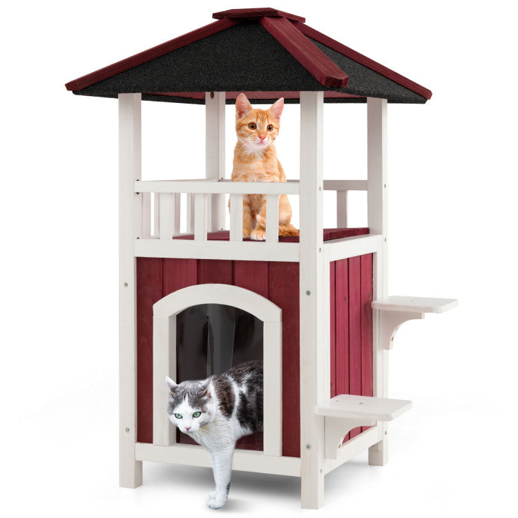 2-Story Weatherproof Wooden Cat House