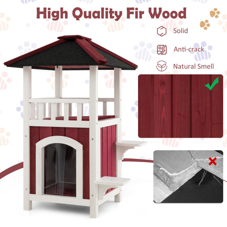 2-Story Weatherproof Wooden Cat House