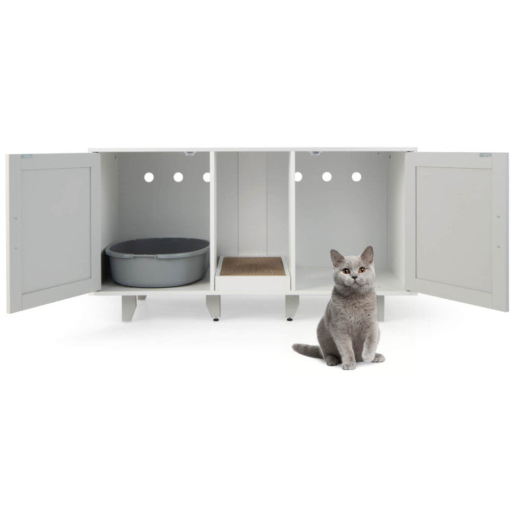 2-Door Hidden Cat Litter Box Cabinet with Scratching Board