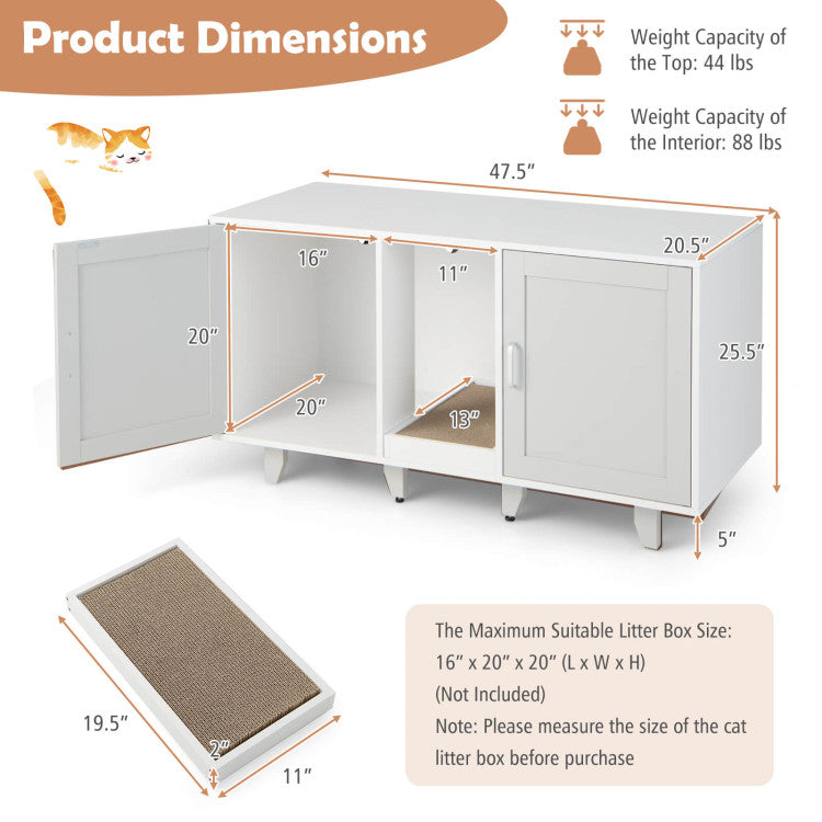 2-Door Hidden Cat Litter Box Cabinet with Scratching Board