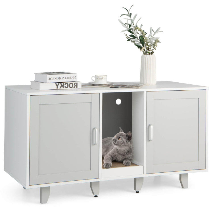 2-Door Hidden Cat Litter Box Cabinet with Scratching Board