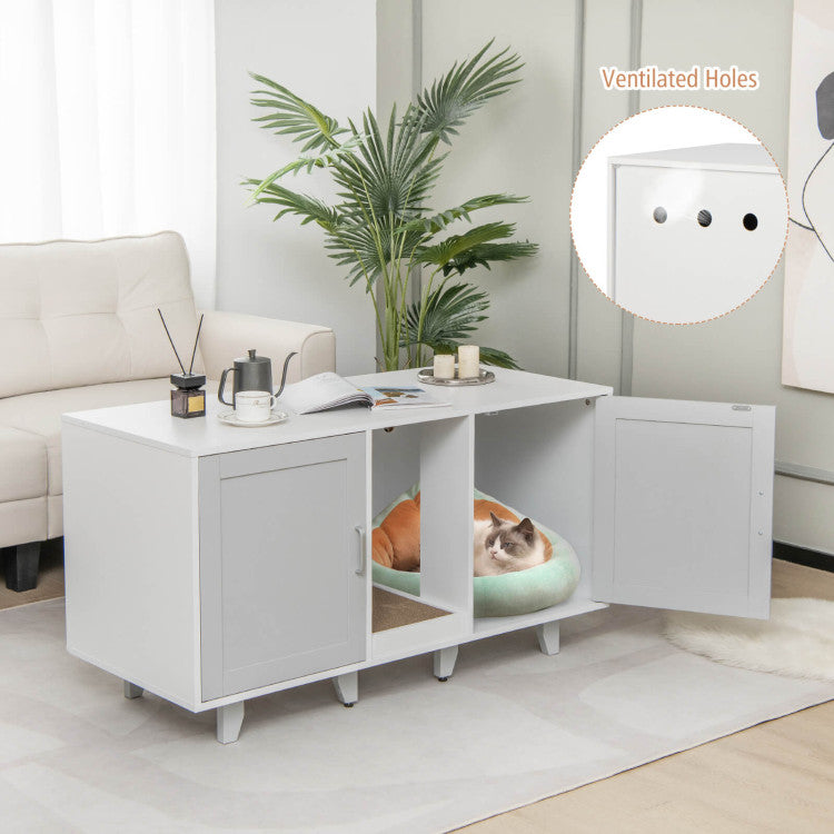 2-Door Hidden Cat Litter Box Cabinet with Scratching Board