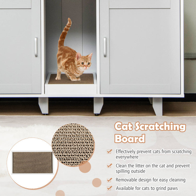 2-Door Hidden Cat Litter Box Cabinet with Scratching Board