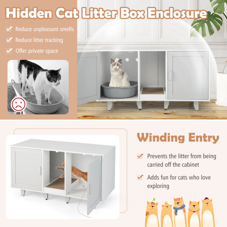 2-Door Hidden Cat Litter Box Cabinet with Scratching Board