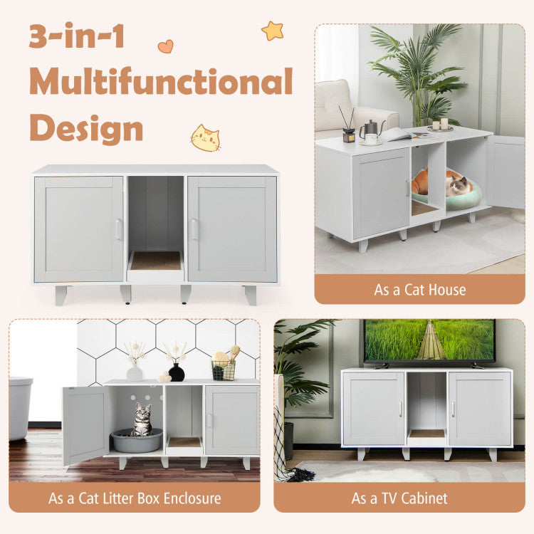 2-Door Hidden Cat Litter Box Cabinet with Scratching Board